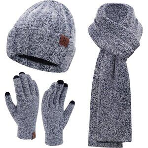 Women's Dark Blue Warm Knit Beanie Hat Touchscreen Gloves Long Neck Scarf Set